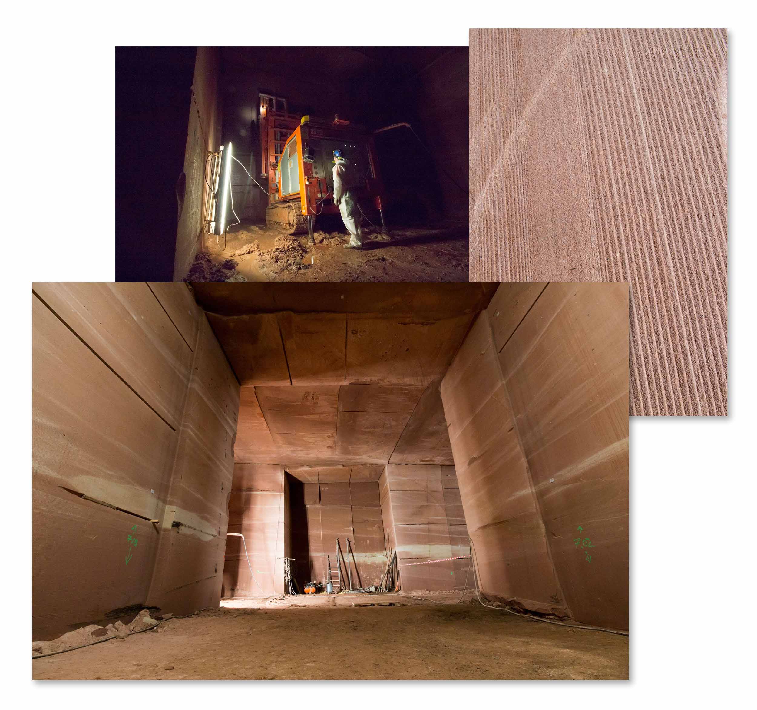 Assemblage de photographies, vues d'une carrière de grès souterraine et de texture de la pierre de grès rose des Vosges