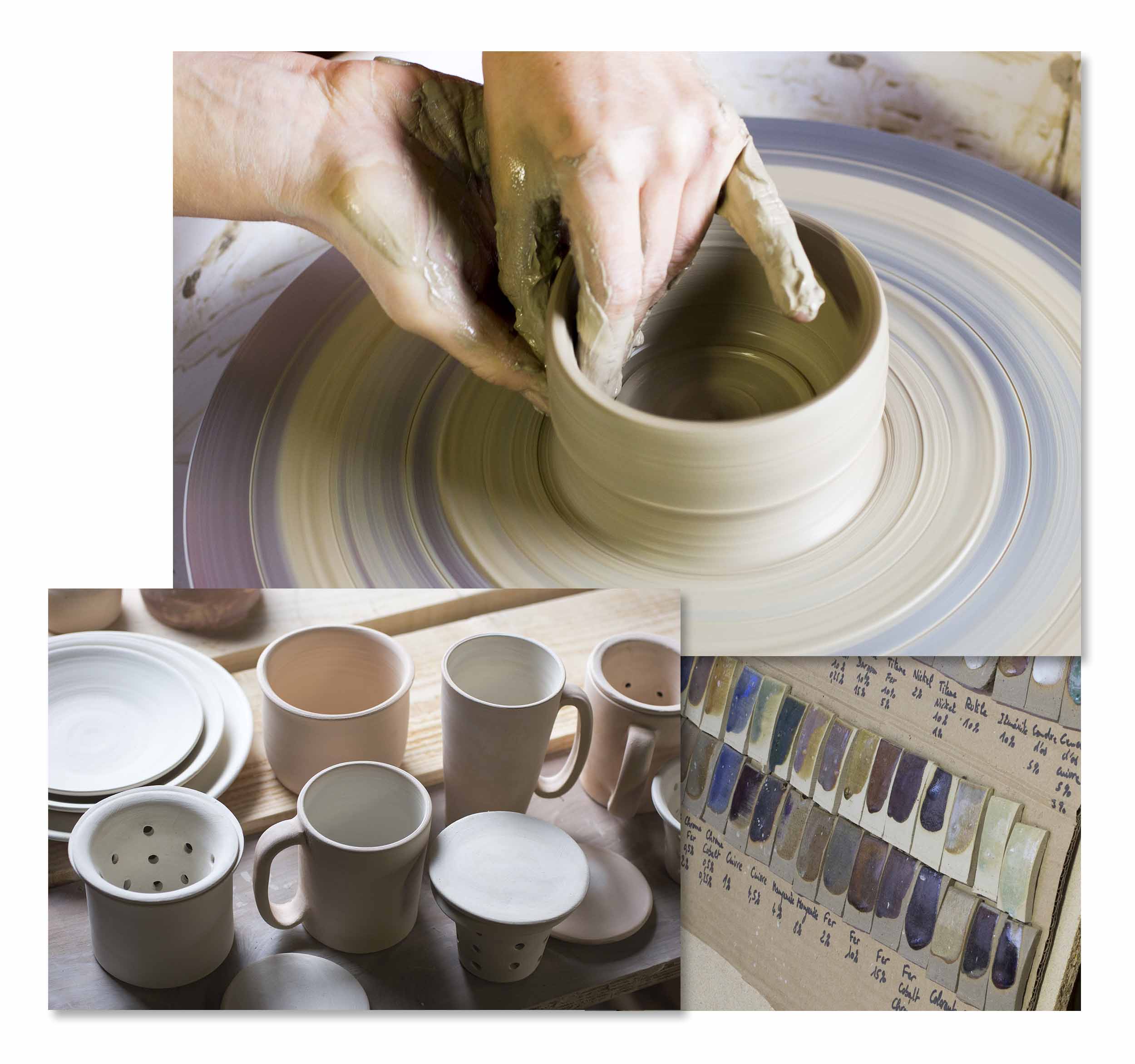 Assemblage de photographies prises dans un atelier de poterie, avec tour et pièces finalisées