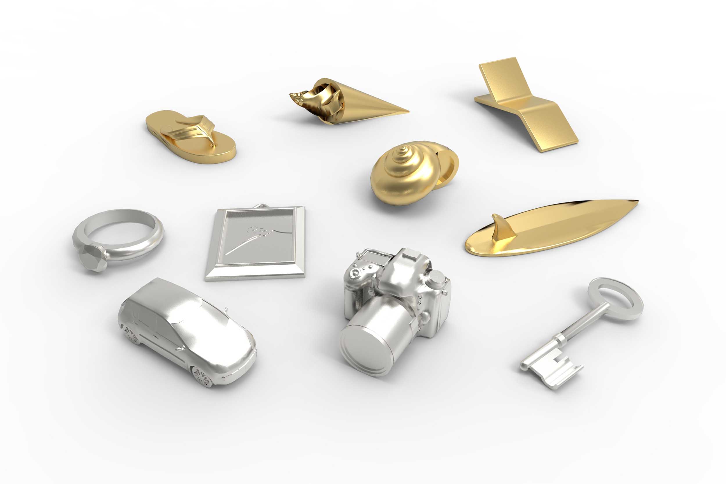 Vues 3D photoréalistes des mini objets dorés et argentés, symboliques de leur valeur, insérés dans le jeu : voiture, appareil photo, clé, œuvre d'art, bijou...