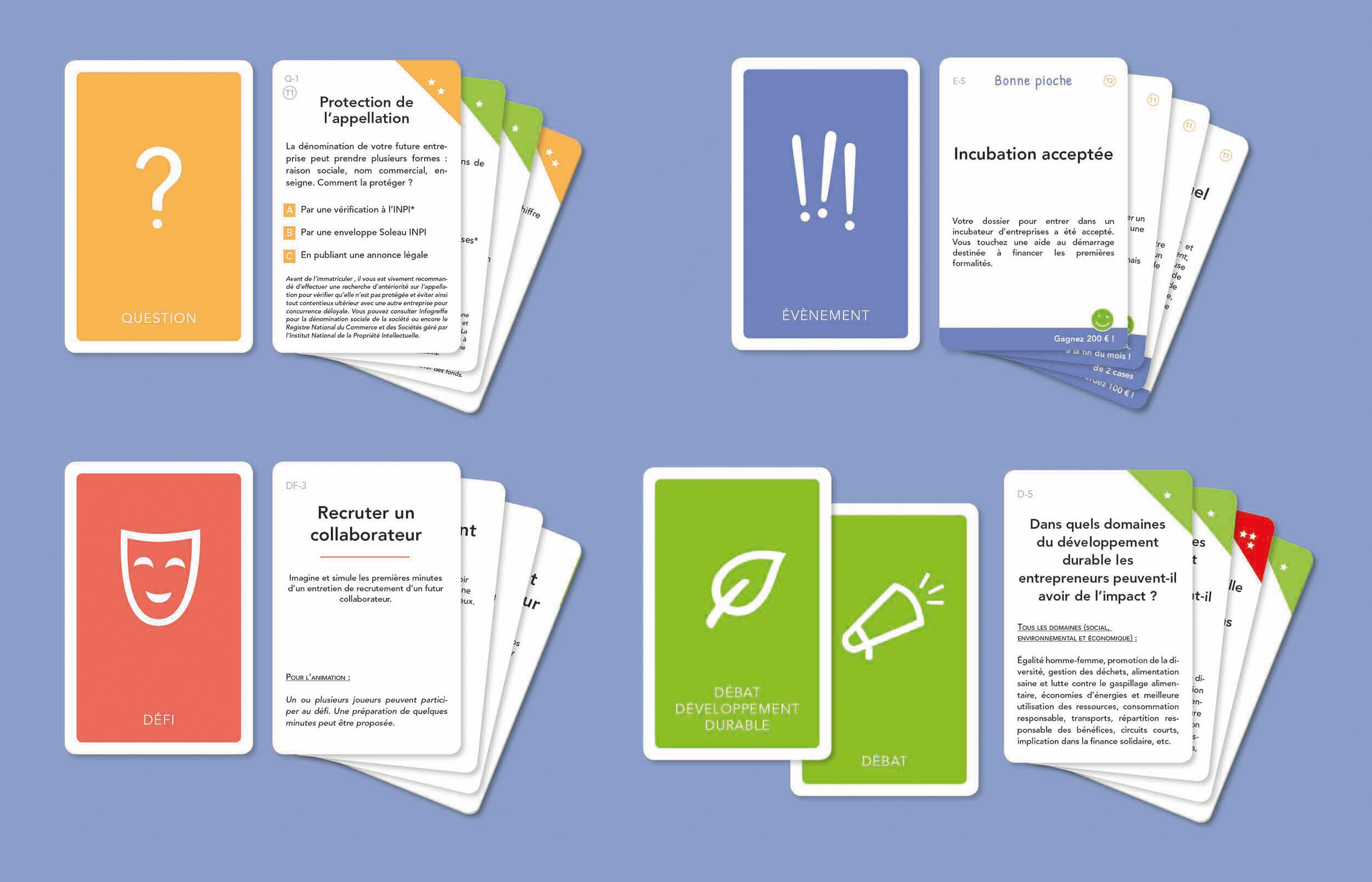 Présentation des différentes piles de cartes à jouer : cartes Question, Evènement, Défi, Débat, Développement durable