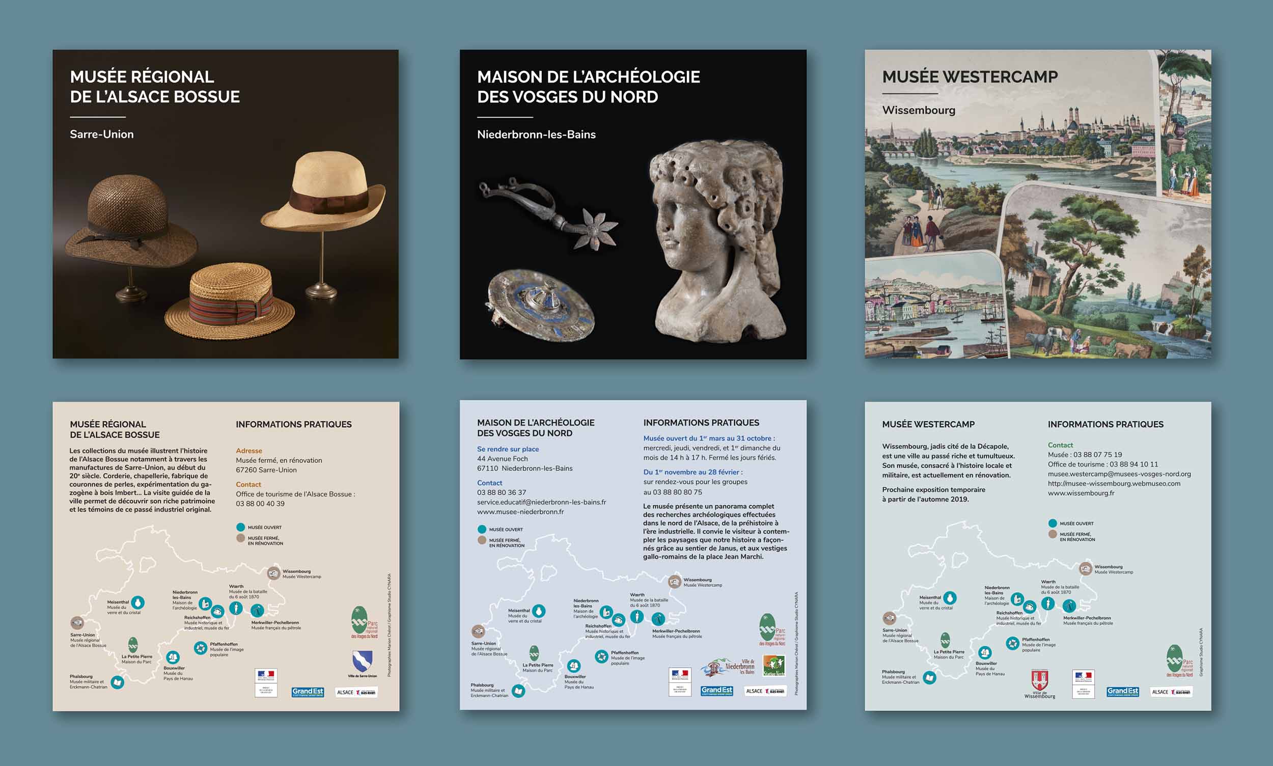 Aperçu des 3 flyers carrés créés pour présenter le Musée de l'Alsace-Bossue de Sarre-Union, la Maison de l'Archéologie de Niederbronn-les-Bains, et le Musée Westercamp de Wissembourg. Images de leurs collections et informations pratiques.