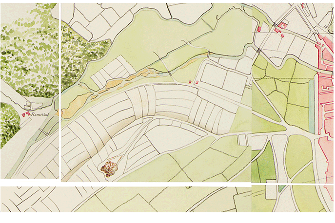 GIF animé pour montrer les deux étapes avant/après la recomposition du plan ancien dessiné par Casimir Kolb en 1797