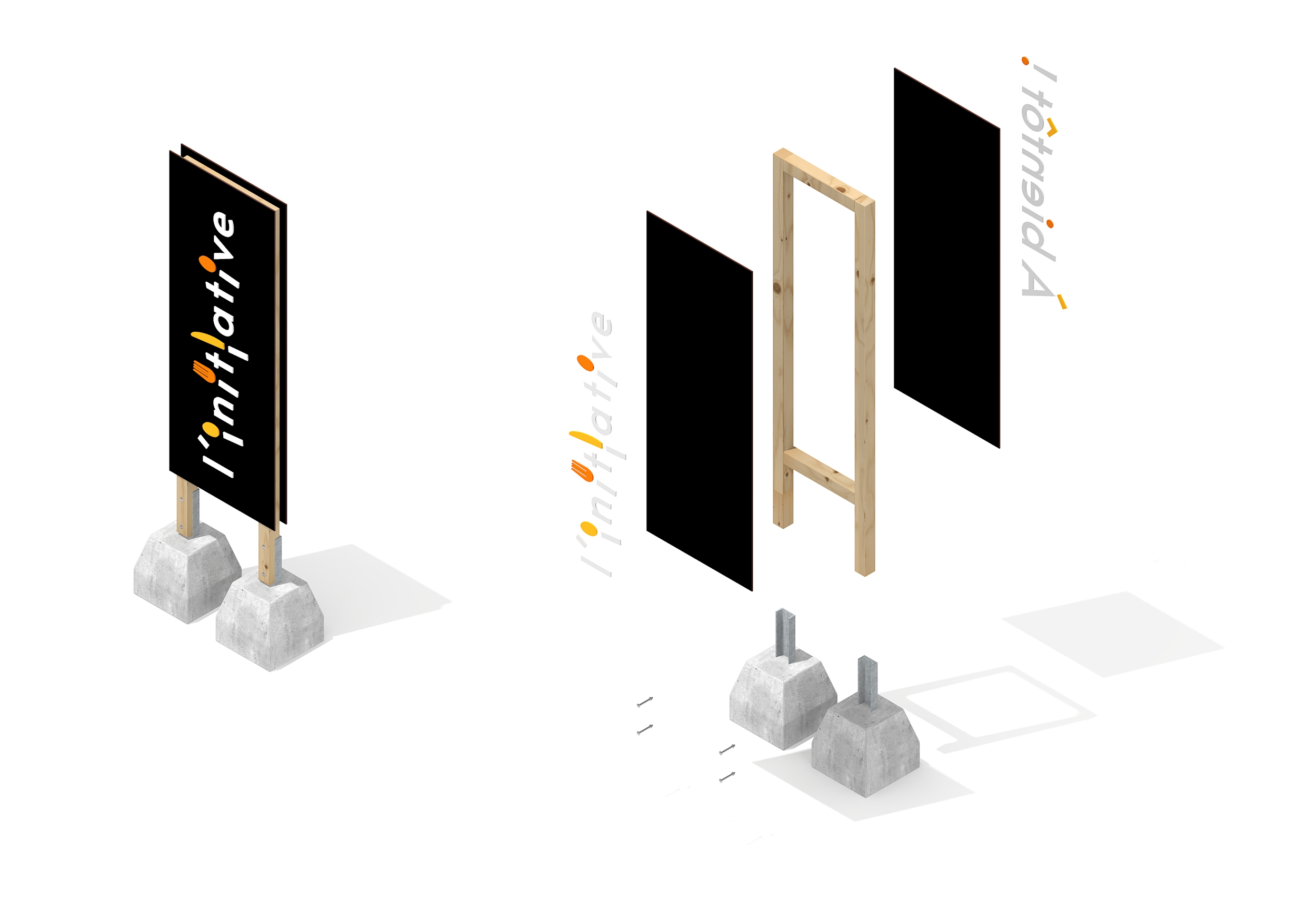 Image simulation 3D isométrique du panneau vertical d'enseigne du restaurant l'initiative