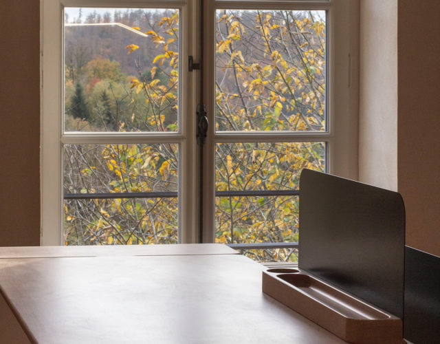 Bureau et micro-cloison de la gamme de mobilier Wood Wide Web, devant une fenêtre avec vue sur la forêt des Vosges du Nord