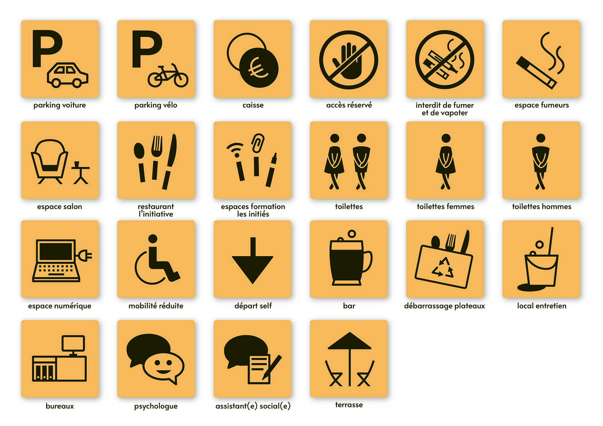 Collection de pictogrammes créés pour le restaurant L'Initiative, version jaune