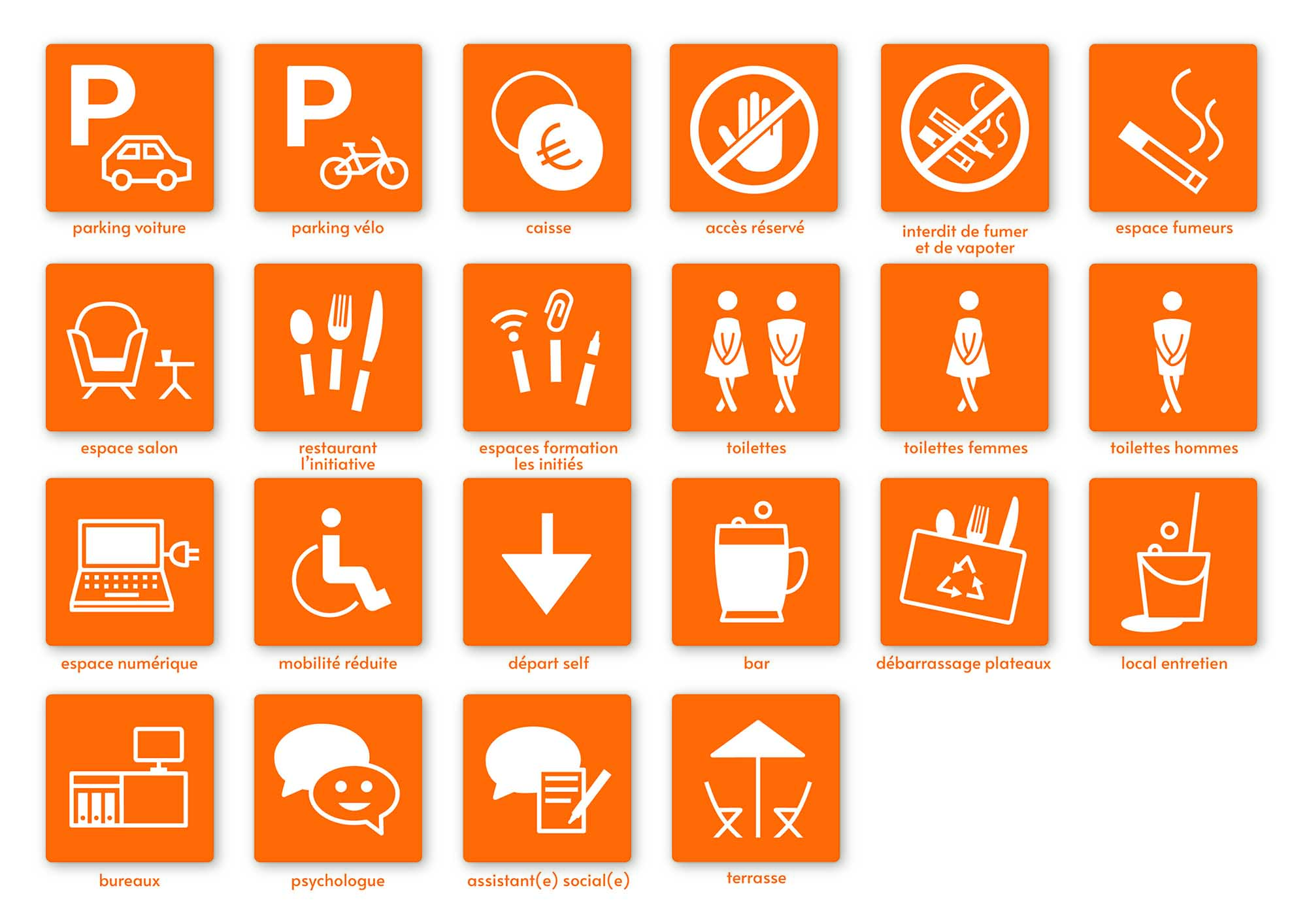 Collection de pictogrammes créés pour le restaurant L'Initiative, version orange