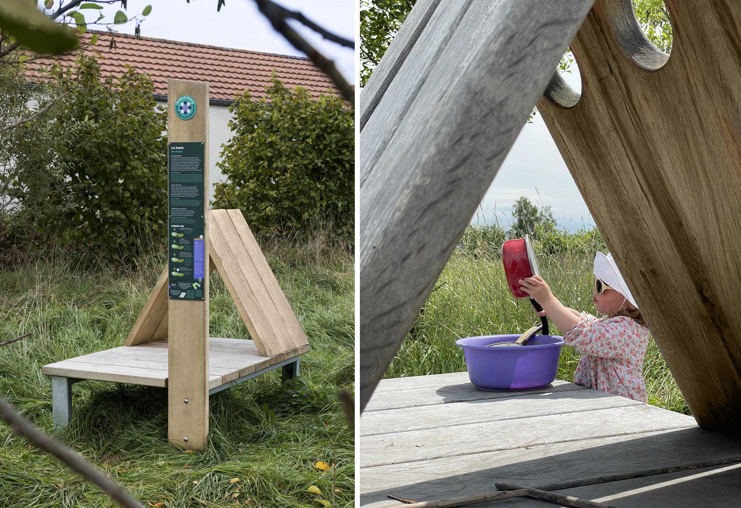 Installation mobilier ludique en forme de radeau avec un petit toit et un totem pédagogique.