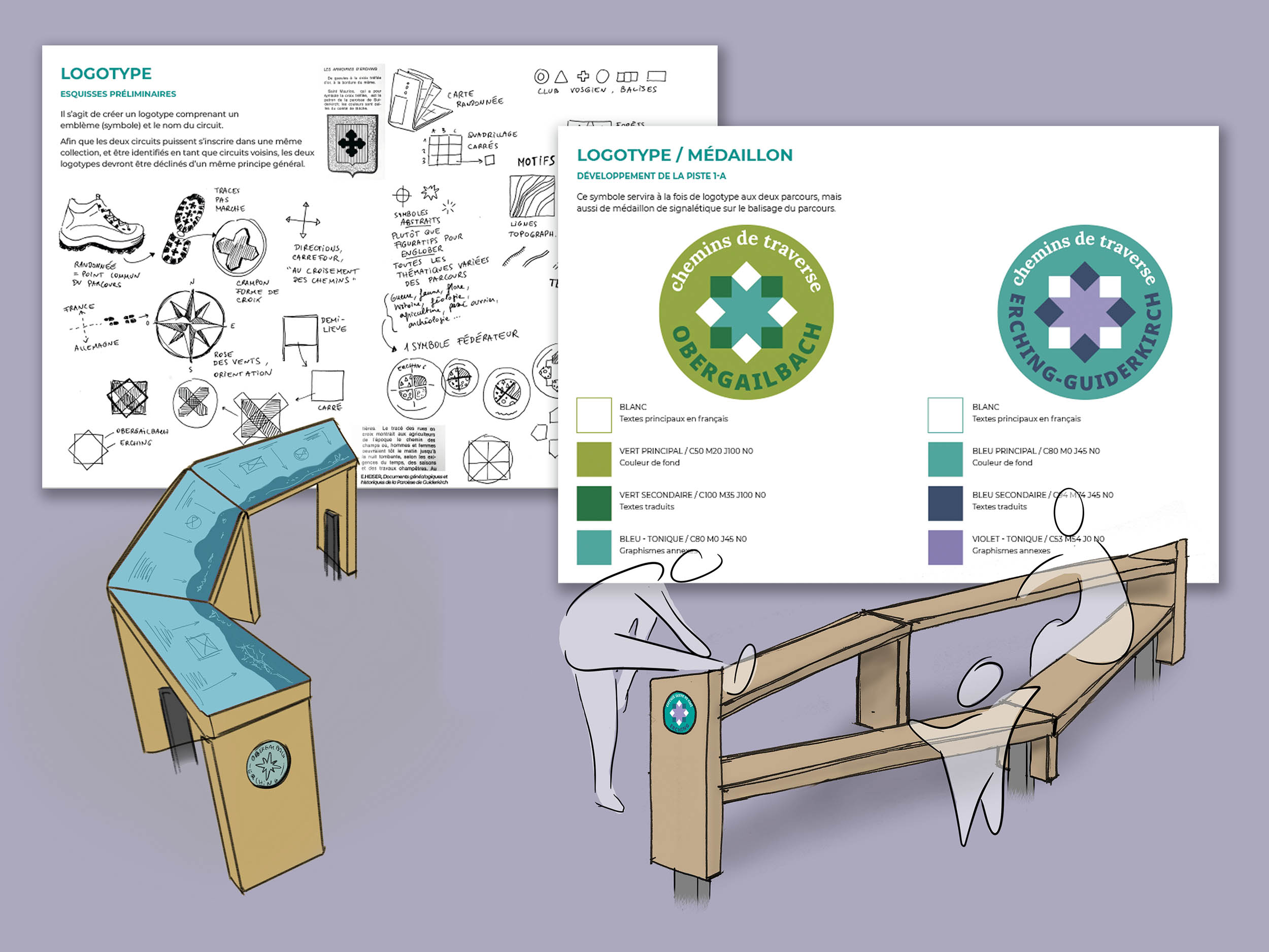 Etape de recherches créatives avec deux planches d'esquisses graphiques et des esquisses de mobilier