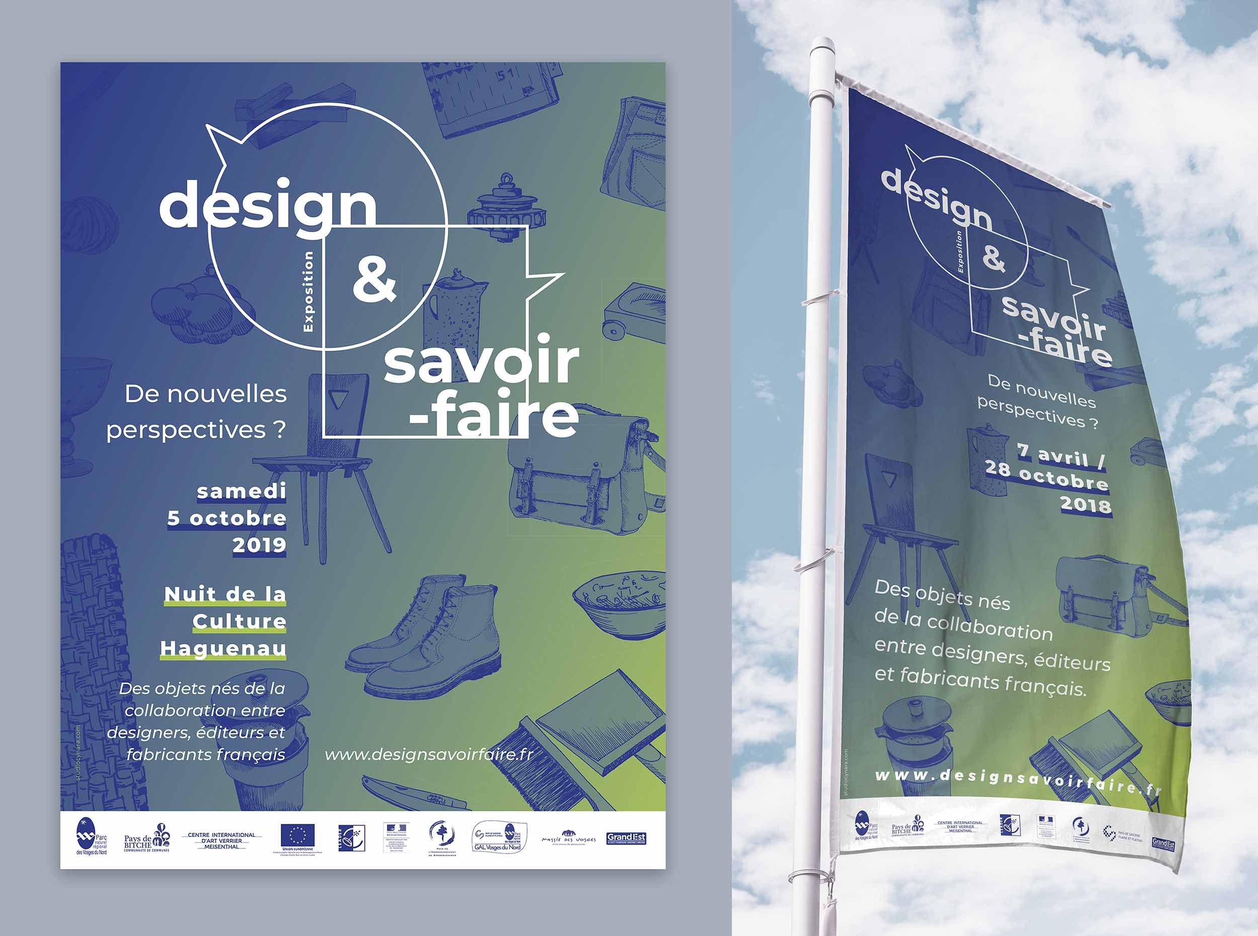 Aperçu de l'affiche et du drapeau de l'exposition Design et savoir-faire