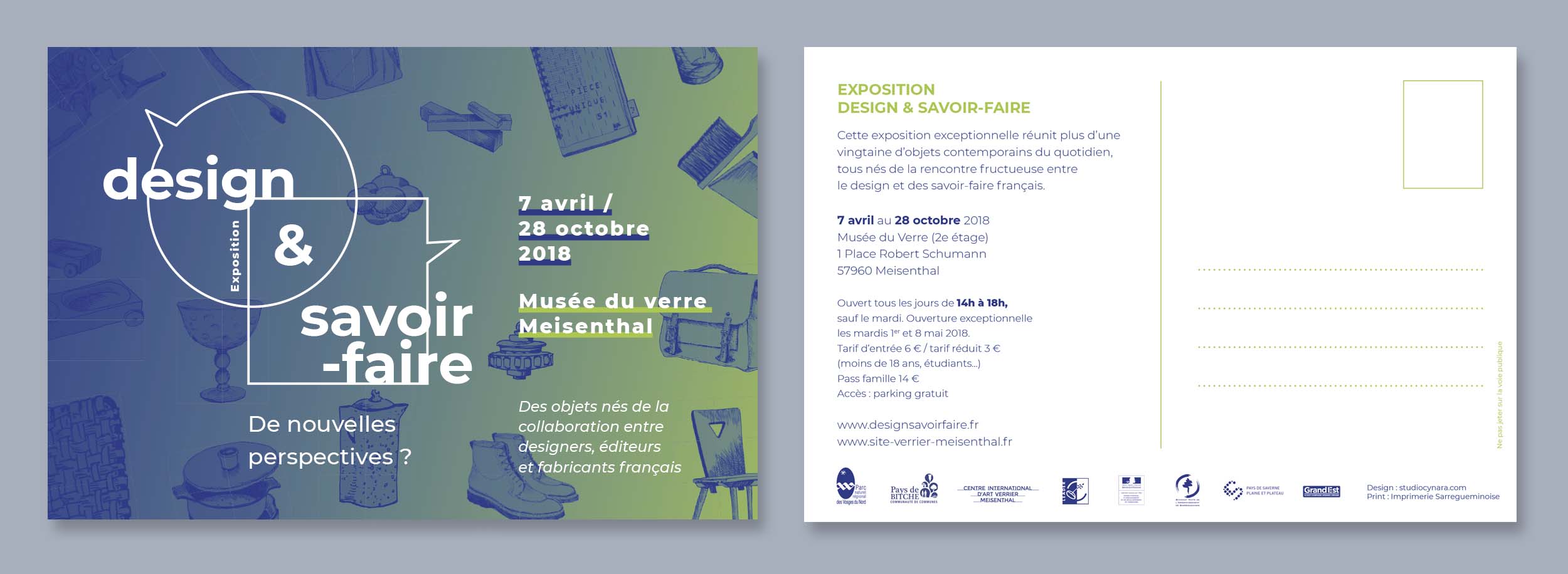 Aperçu de la carte postale de communication, recto et verso, de l'exposition Design et savoir-faire, au Musée du Verre de Meisenthal.