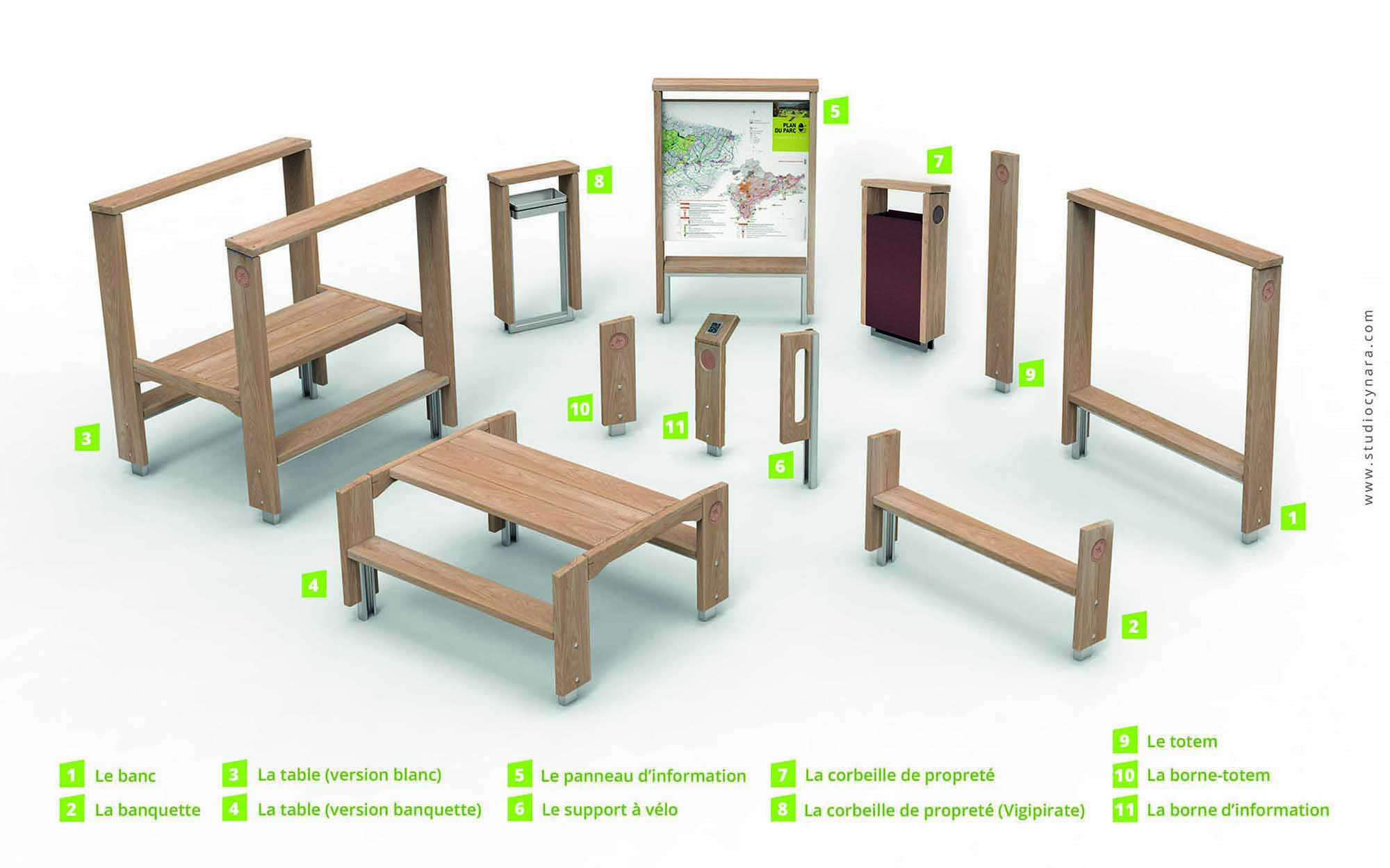 3D photoréaliste de toute la gamme de mobilier bois extraite du catalogue