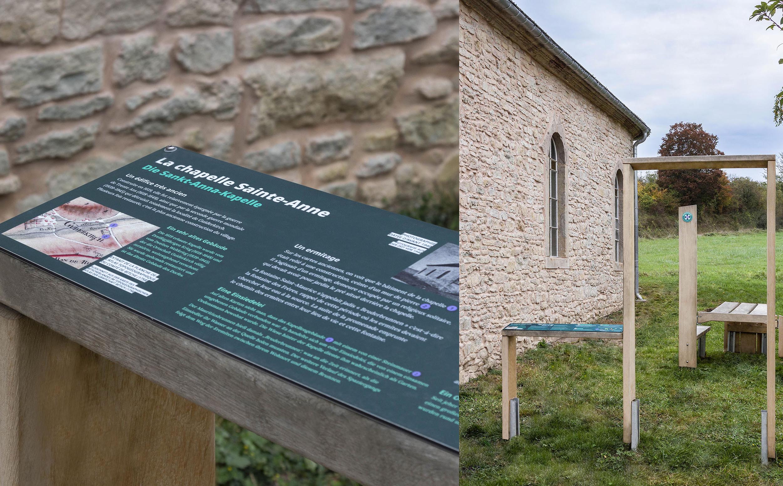 2 photos des installations documentaires à côté de la chapelle Sainte-Anne : un pupitre historique sur l'histoire des lieux, et une arche symbolique pour matérialiser l'entrée dans l'ancien potager de l'ermitage.
