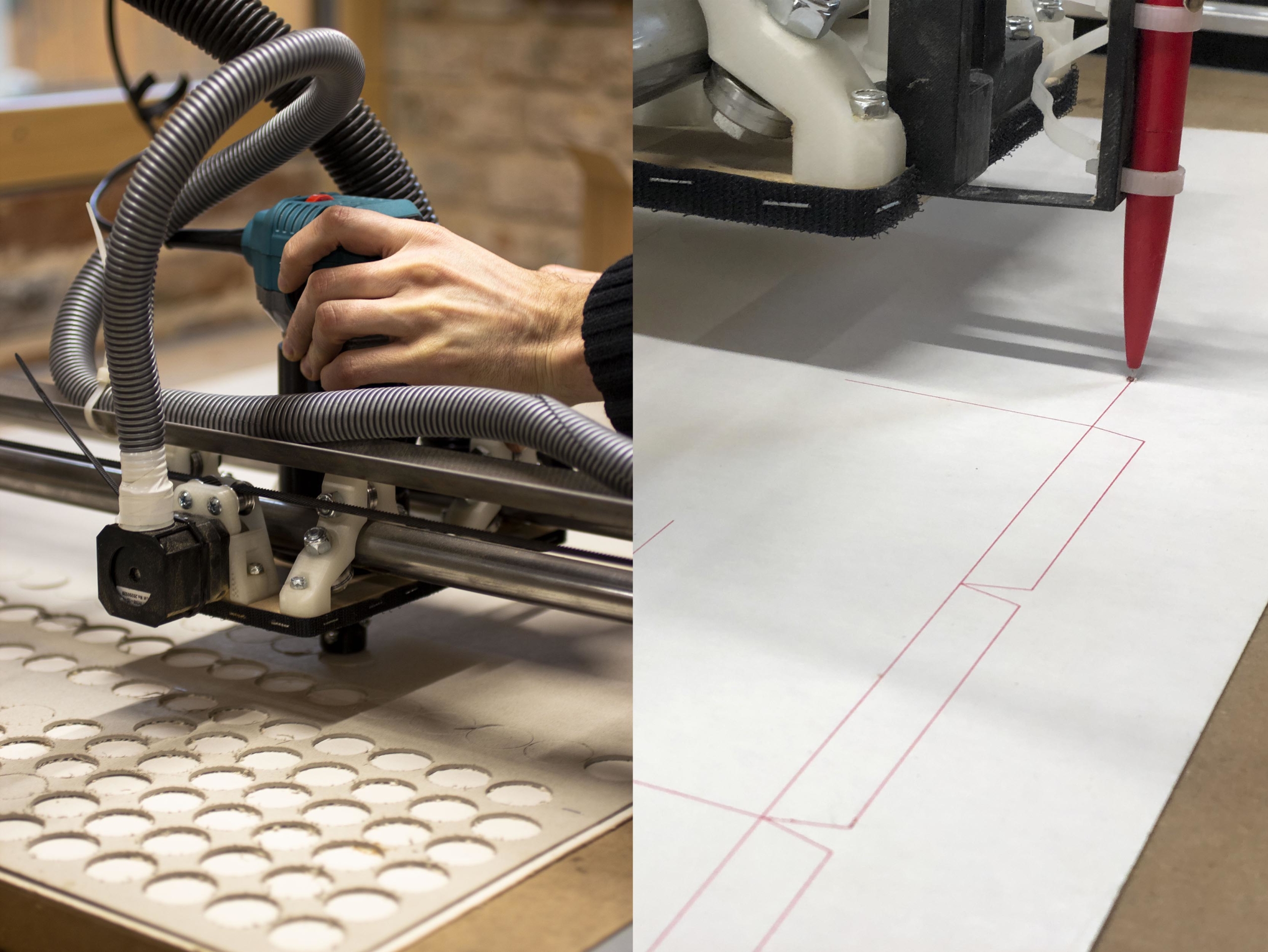Photos prises lors du prototypage en atelier avec découpe des jetons et dessin des tracés des gabarits à l'aide d'une commande numérique d'usinage.
