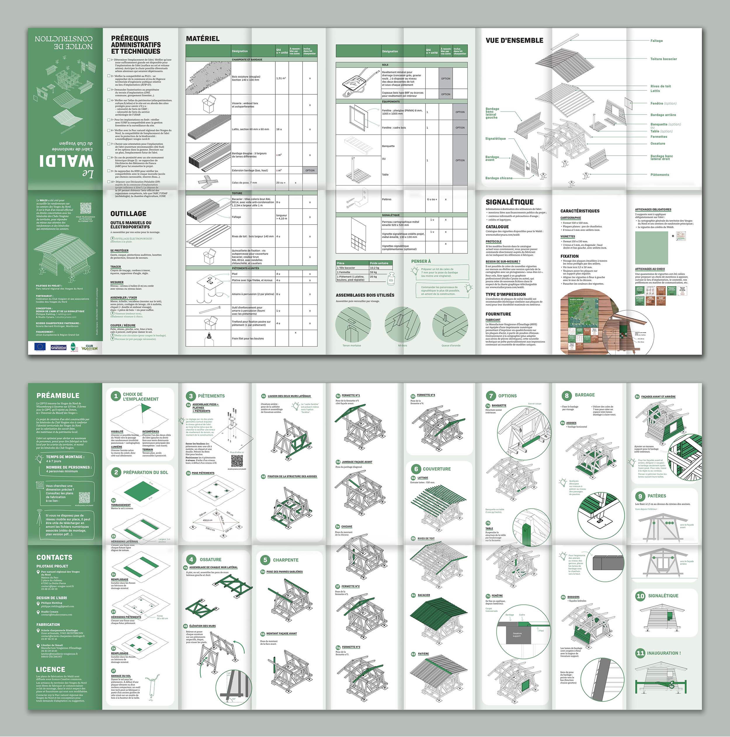 Mockup de la notice de construction en vue à plat recto et verso. Celle-ci contient la liste du matériel, les étapes de montage visibles avec des schémas annotés pas à pas, les conseils et prérequis utiles...